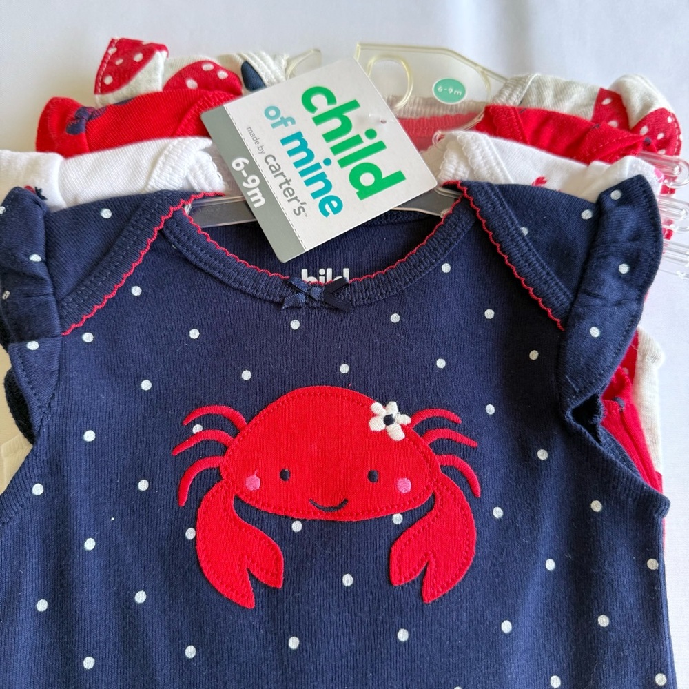 Child of Mine Carter's Baby Girl 6-9M Bodysuit Crab Beach Cherry Summer Bundle